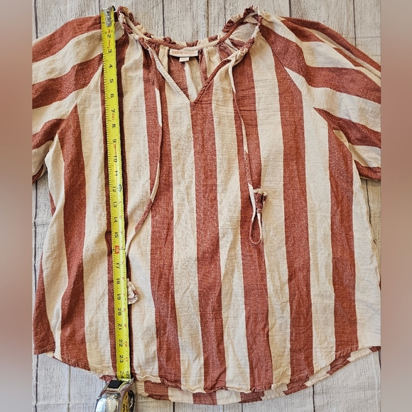 Knox Rose Size Medium Striped Puff Half Sleeve Boho Blouse Red Cream Cotton - Picture 5 of 6